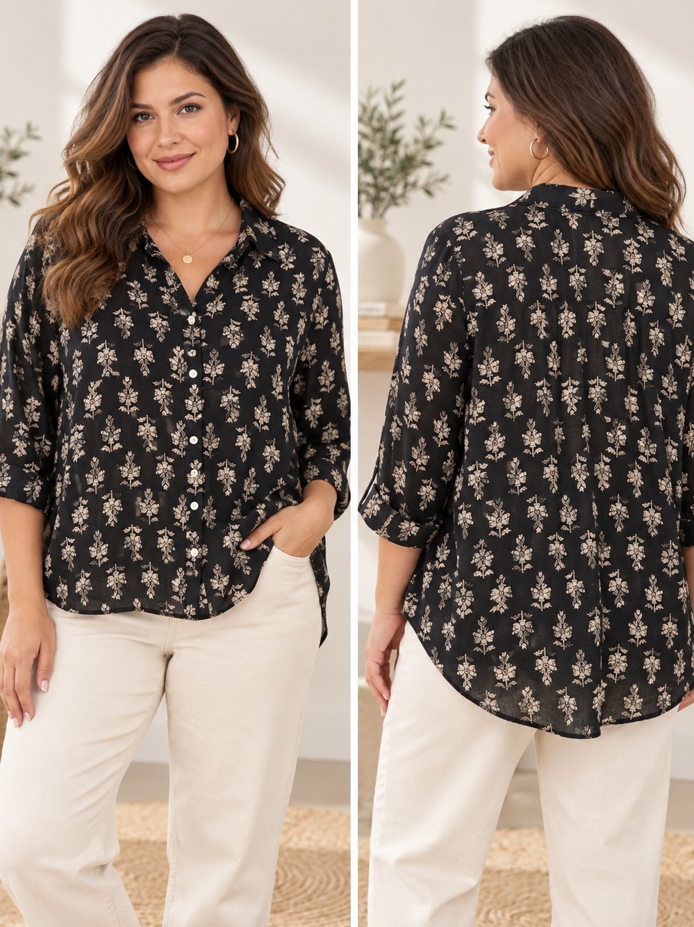 J.Jill Pure Jill Black Floral Print Button Down Blouse Relaxed Boho Women’s Plus